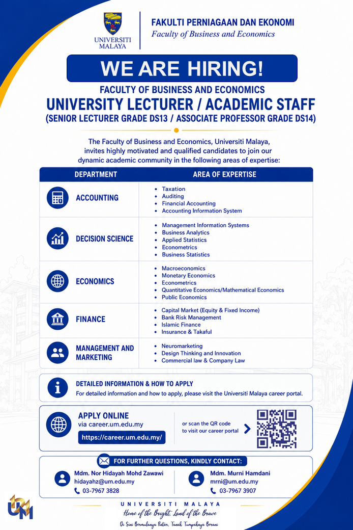 We Are Hiring - Academic Positions at the Faculty of Business and Economics, Universiti Malaya